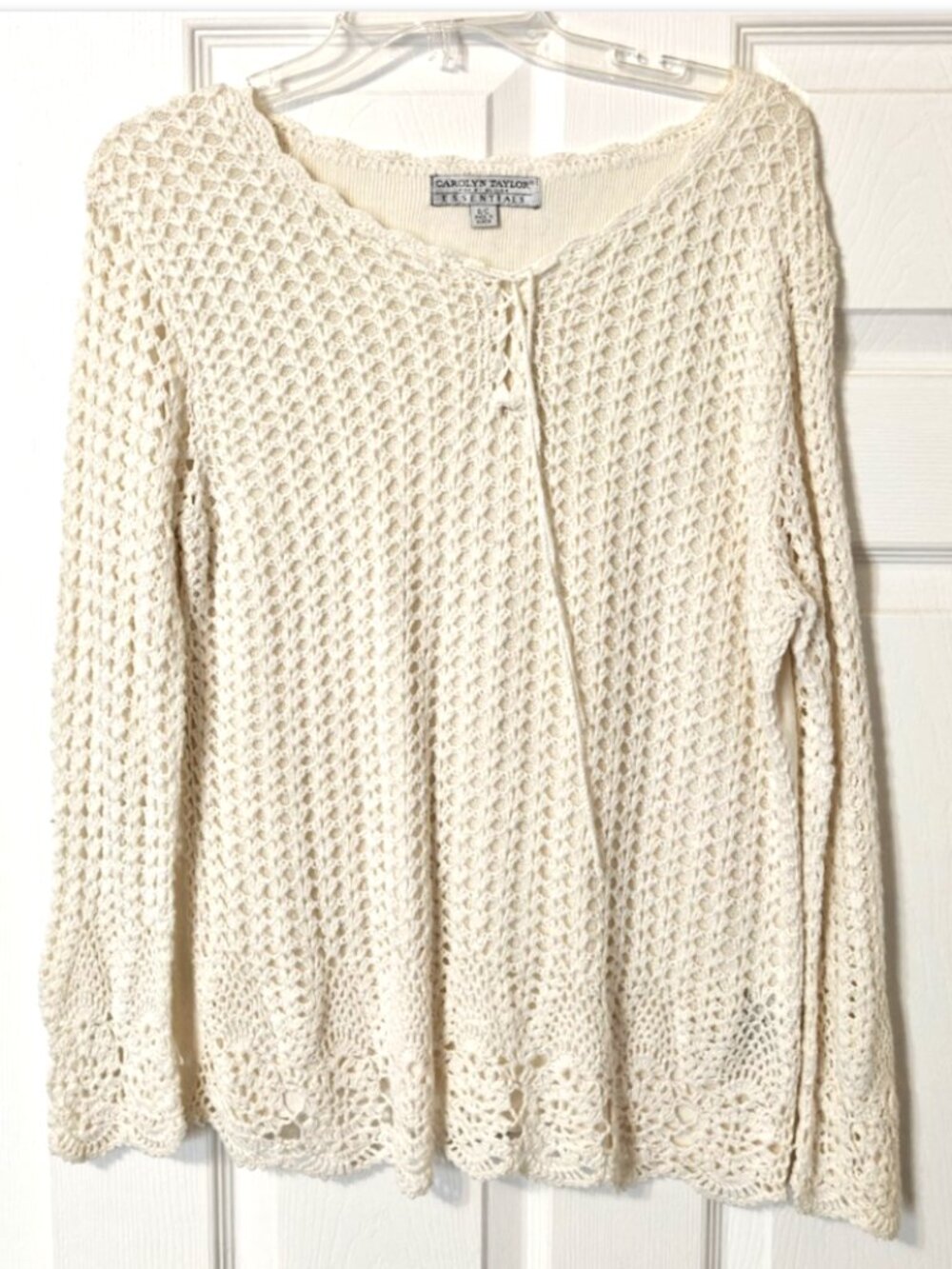 Vintage Carolyn Taylor Knit Crochet Boho Sweater Top Embroidered Cotton Size S